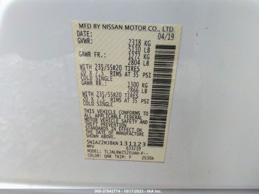 5N1AZ2MJ8KN131123 Nissan Murano SL 9