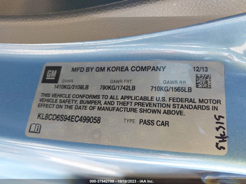 2014 CHEVROLET SPARK LT - KL8CD6S94EC499058