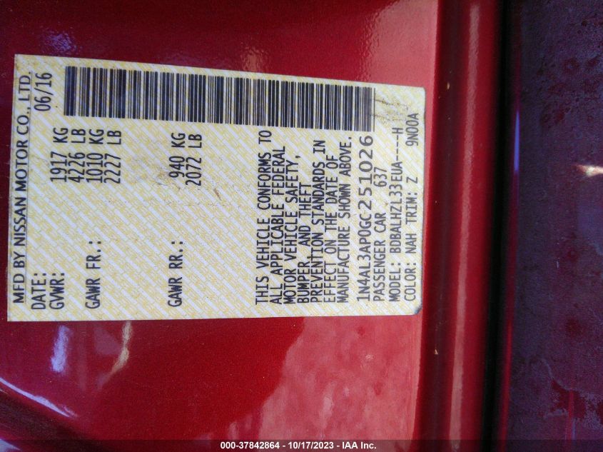 2016 NISSAN ALTIMA 2.5/S/SV/SL/SR - 1N4AL3AP0GC251026
