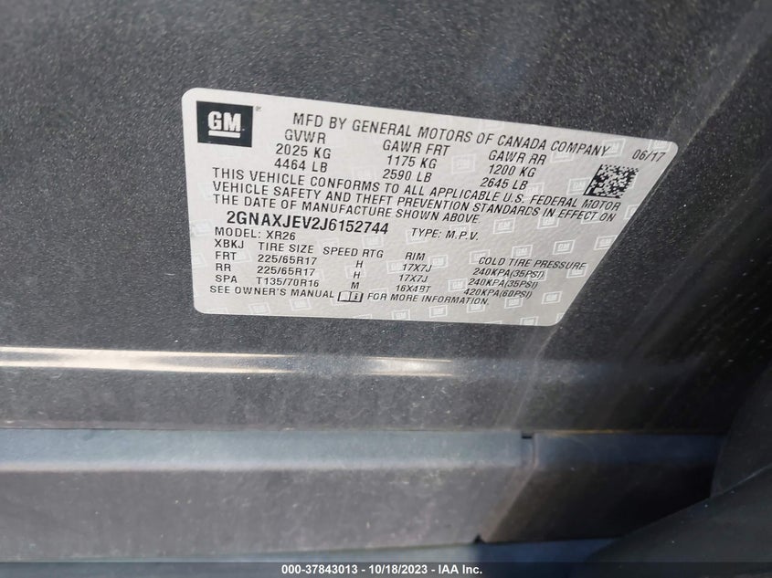 VIN 2GNAXJEV2J6152744 2018 CHEVROLET EQUINOX LT