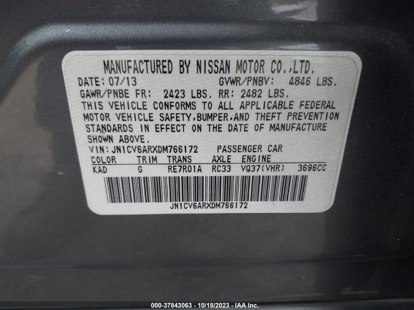 2013 INFINITI G37 SEDAN X JN1CV6ARXDM766172