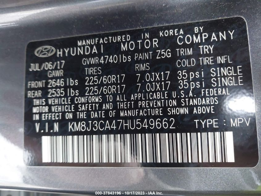 2017 HYUNDAI TUCSON SE - KM8J3CA47HU549662