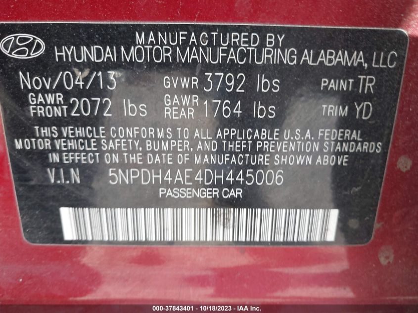 2013 HYUNDAI ELANTRA GLS - 5NPDH4AE4DH445006