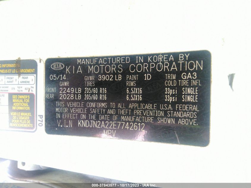 2014 KIA SOUL BASE - KNDJN2A22E7742612
