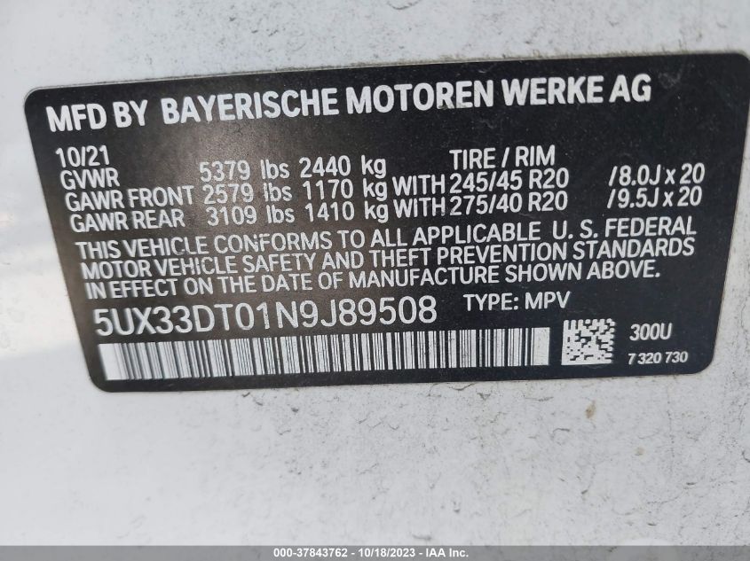 5UX33DT01N9J89508 BMW X4 XDRIVE30I 9