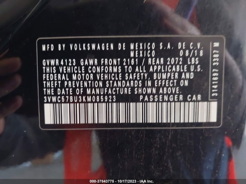 VIN 3VWC57BU3KM085923 2019 VOLKSWAGEN JETTA S/SE/R-LINE