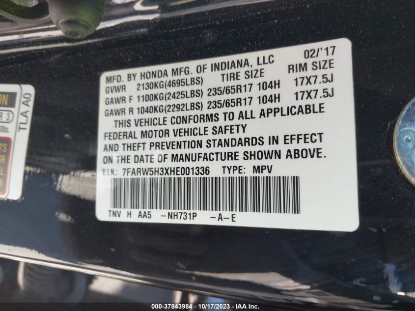 2017 HONDA CR-V LX - 7FARW5H3XHE001336