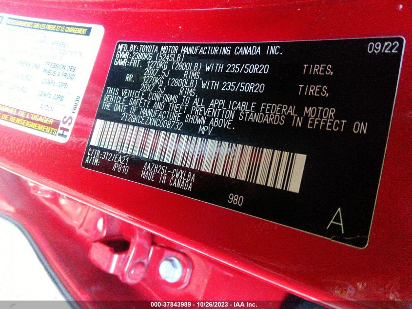 2022 LEXUS NX 350H PREMIUM 2T2GKCEZXNC008732