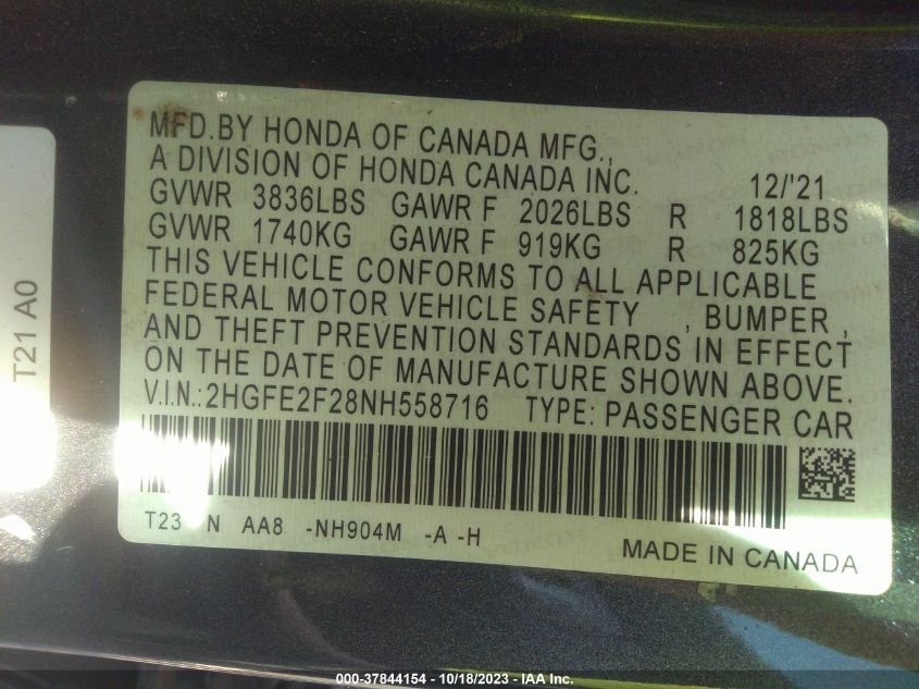 2HGFE2F28NH558716 Honda Civic Sedan LX 9