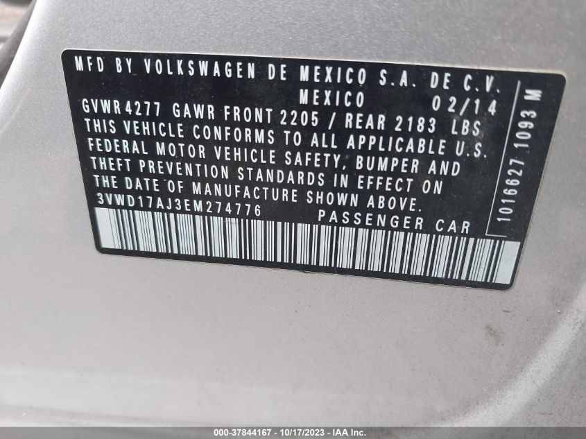 2014 VOLKSWAGEN JETTA SEDAN SE 3VWD17AJ3EM274776