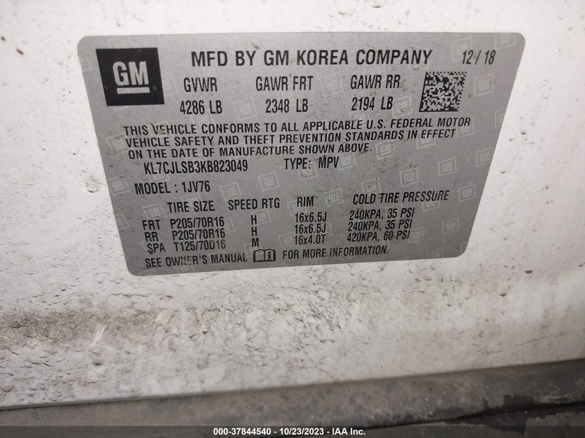 VIN KL7CJLSB3KB823049 2019 CHEVROLET TRAX LT