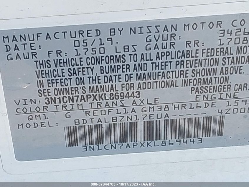 2019 NISSAN VERSA 1.6 SV - 3N1CN7APXKL869443