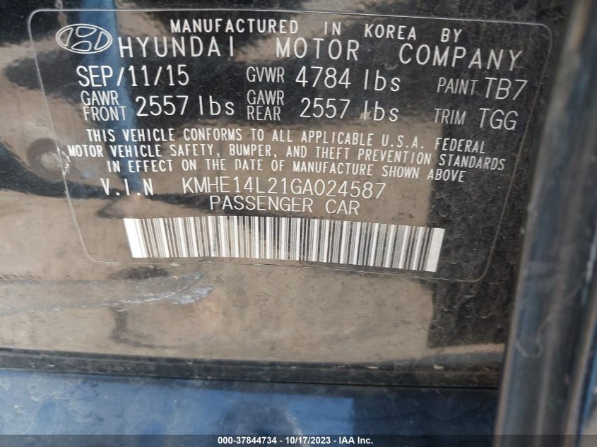 2016 HYUNDAI SONATA PLUG-IN HYBRID KMHE14L21GA024587
