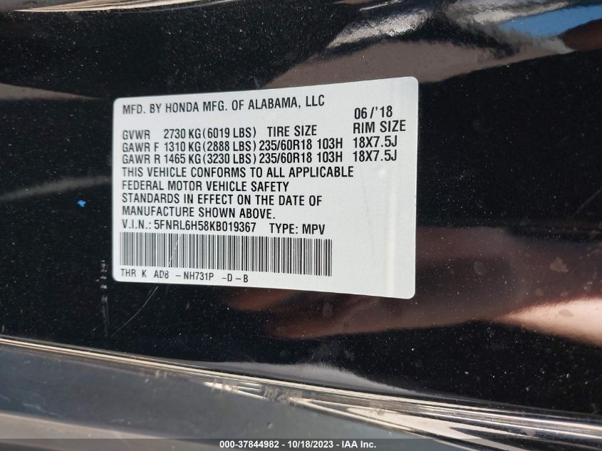 5FNRL6H58KB019367 2019 HONDA ODYSSEY, photo no. 9