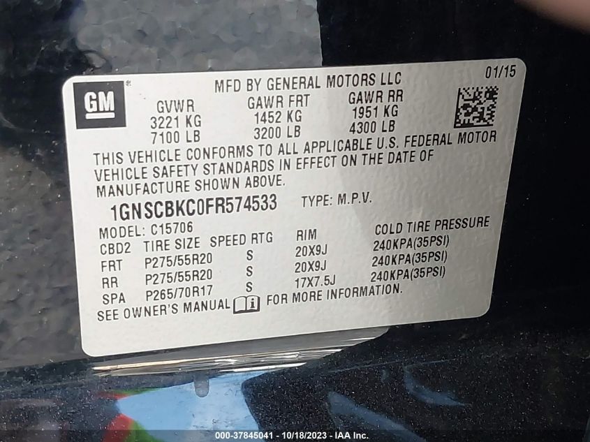 2015 CHEVROLET TAHOE LT - 1GNSCBKC0FR574533
