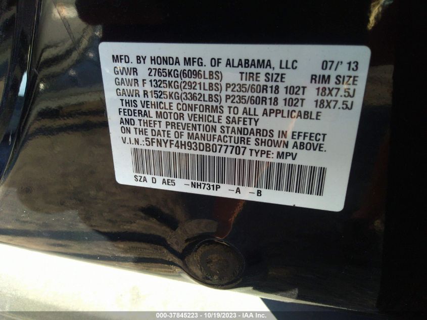 2013 HONDA PILOT TOURING - 5FNYF4H93DB077707
