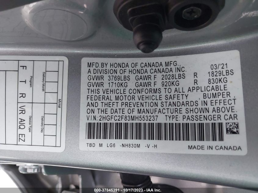 2HGFC2F83MH553237 Honda Civic Sedan SPORT 9