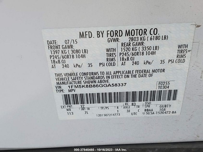 2016 FORD EXPLORER BASE - 1FM5K8B86GGA58337