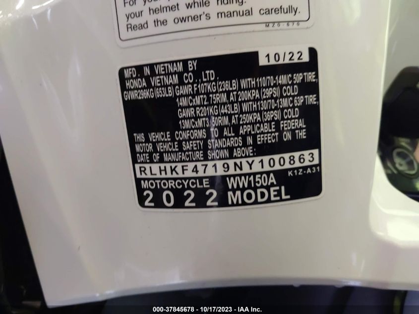 2022 HONDA WW150 A RLHKF4719NY100863