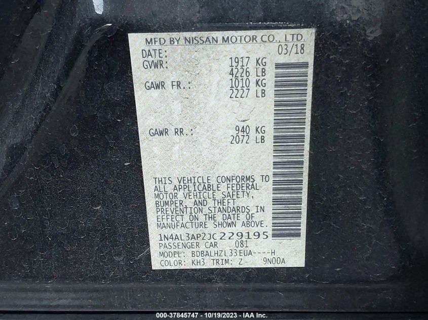 2018 NISSAN ALTIMA 2.5/S/SV/SL/SR - 1N4AL3AP2JC229195