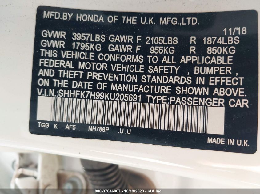 2019 HONDA CIVIC SPORT TOURING - SHHFK7H99KU205691