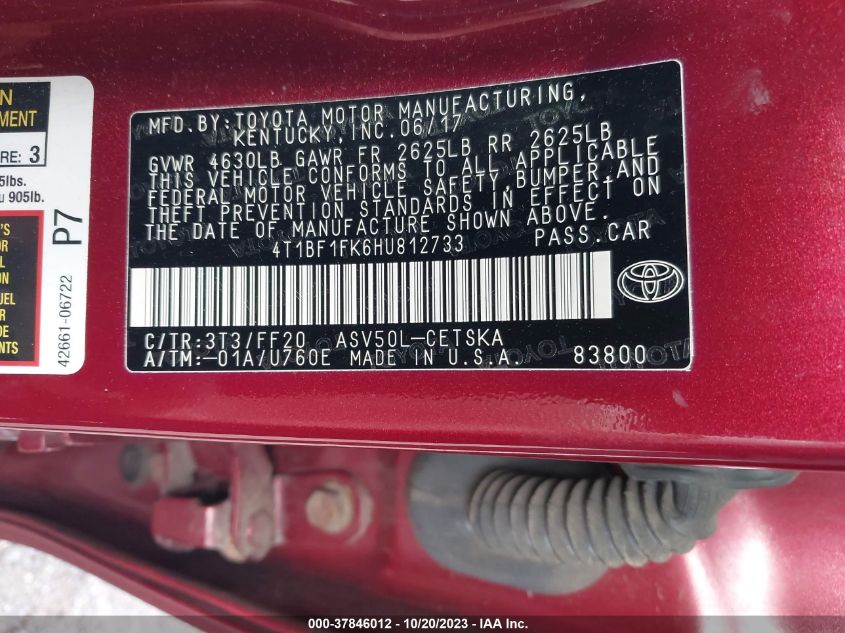 2017 TOYOTA CAMRY XLE/SE/LE/XSE - 4T1BF1FK6HU812733