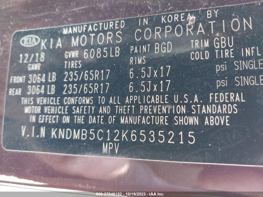 2019 KIA SEDONA LX - KNDMB5C12K6535215