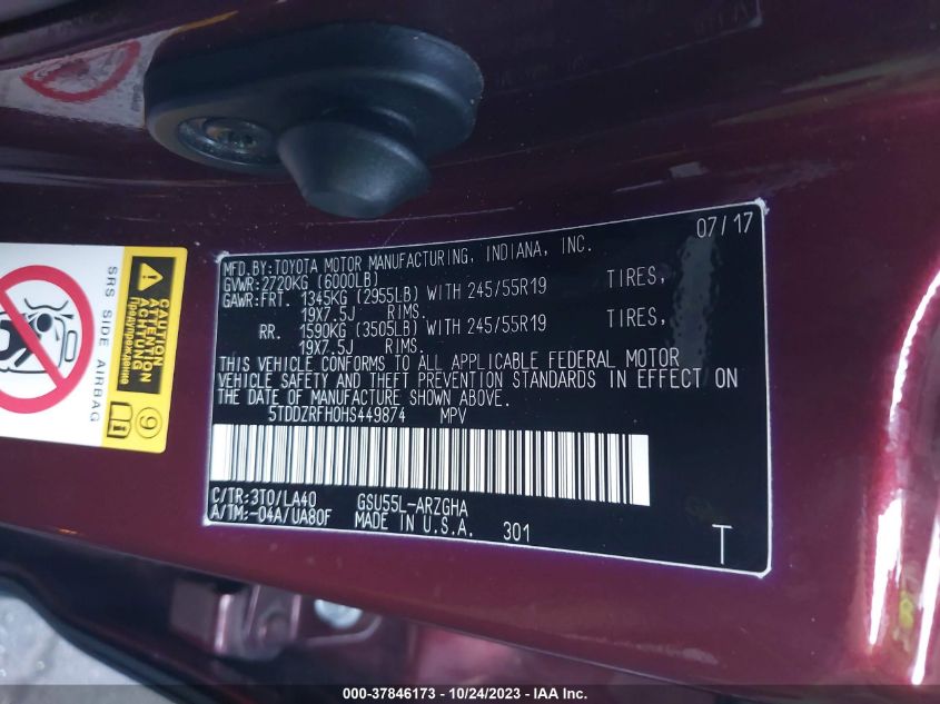 2017 TOYOTA HIGHLANDER LIMITED - 5TDDZRFH0HS449874