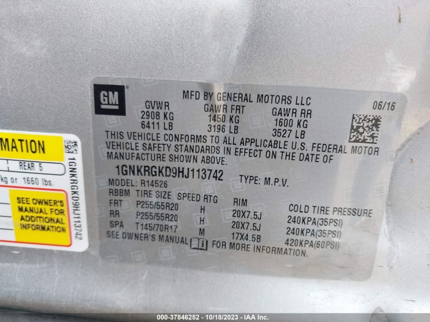2017 CHEVROLET TRAVERSE LT - 1GNKRGKD9HJ113742