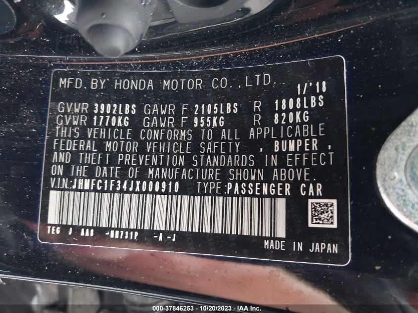 2018 HONDA CIVIC EX-T - JHMFC1F34JX000910