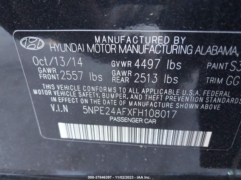 2015 HYUNDAI SONATA 2.4L SE - 5NPE24AFXFH108017