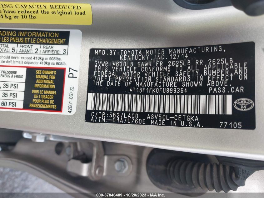 2015 TOYOTA CAMRY XLE/SE/LE/XSE - 4T1BF1FK0FU899364