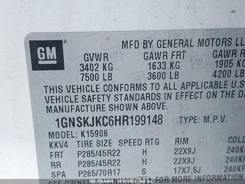 2017 CHEVROLET SUBURBAN K1500 PREMIER - 1GNSKJKC6HR199148