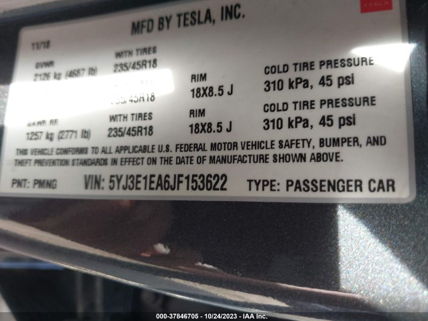 2018 TESLA MODEL 3 RANGE BATTERY - 5YJ3E1EA6JF153622