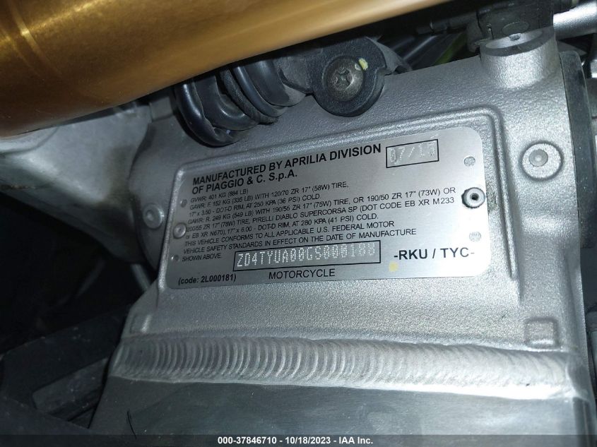 2016 APRILIA TUONO V4 1100 ABS ZD4TYUA00GS000188