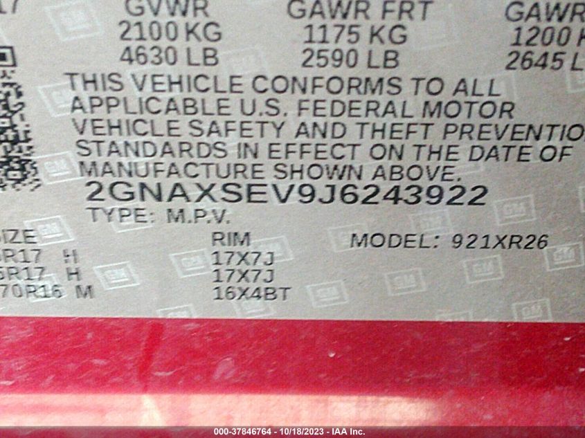 2018 CHEVROLET EQUINOX LT - 2GNAXSEV9J6243922