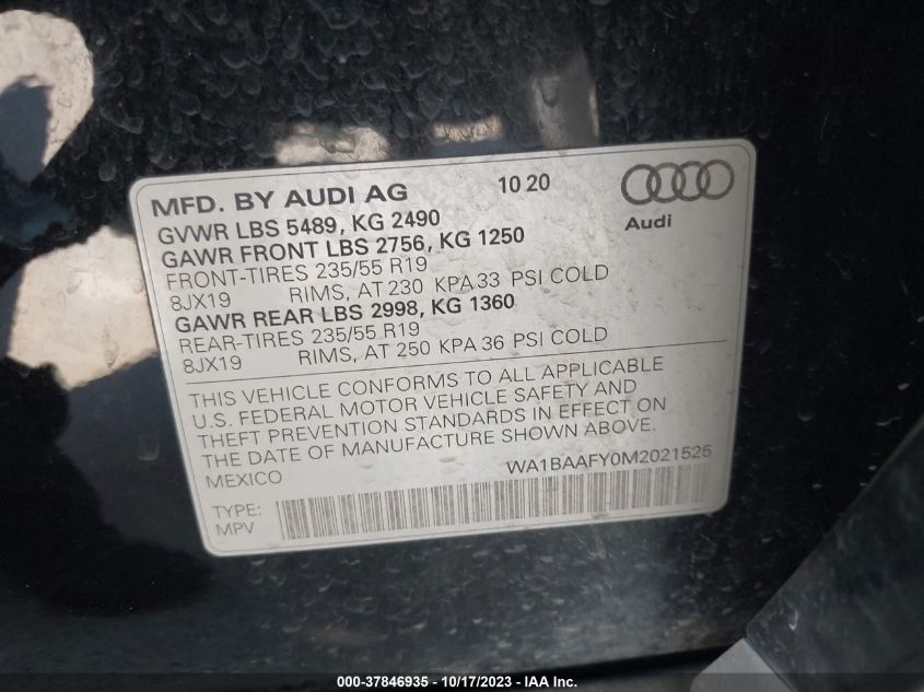 VIN WA1BAAFY0M2021525 2021 AUDI Q5 PREMIUM PLUS
