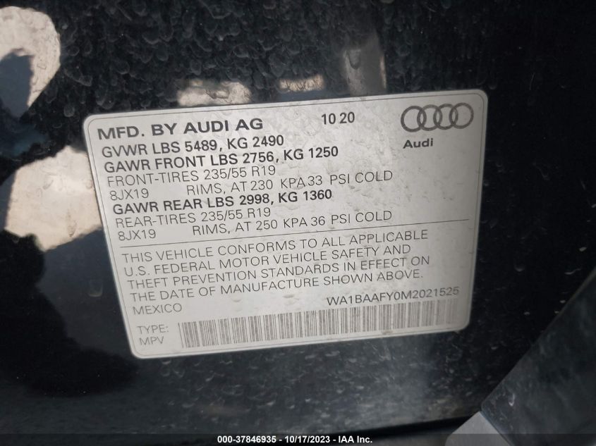 WA1BAAFY0M2021525 Audi Q5 PREMIUM PLUS 9