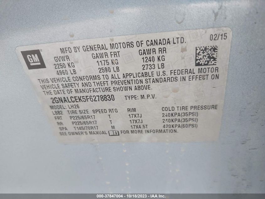 2015 CHEVROLET EQUINOX LT - 2GNALCEK5F6278830