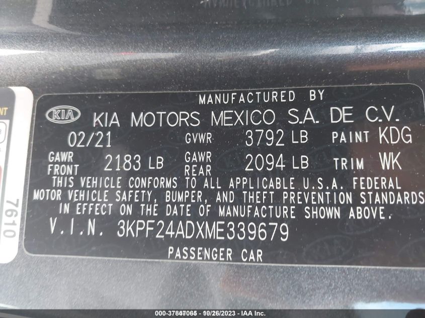 2021 KIA FORTE LXS - 3KPF24ADXME339679