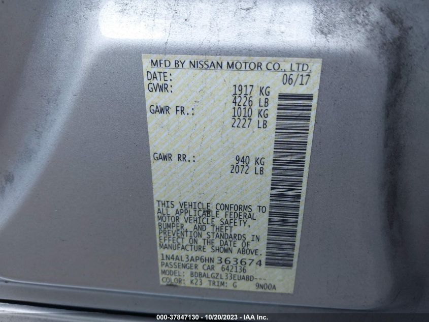 2017 NISSAN ALTIMA 2.5/S/SV/SL/SR - 1N4AL3AP6HN363674