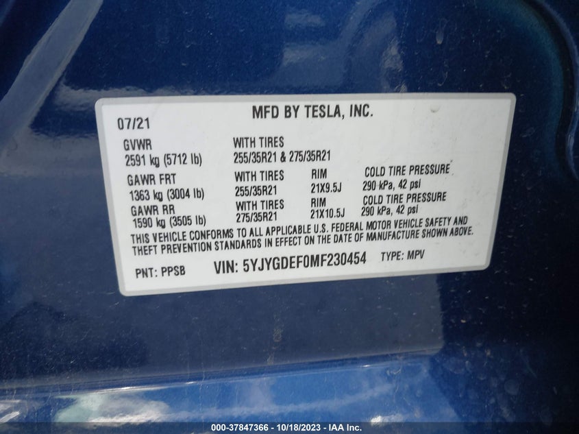 VIN 5YJYGDEF0MF230454 2021 TESLA MODEL Y PERFORMANCE