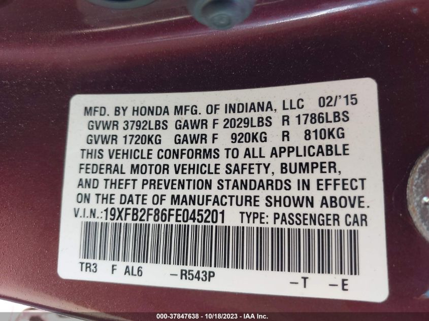 2015 HONDA CIVIC SEDAN EX - 19XFB2F86FE045201