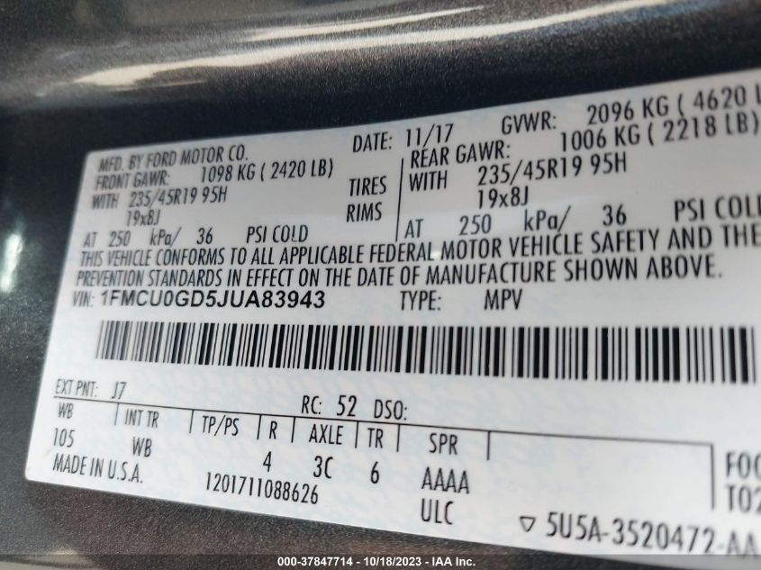 2018 FORD ESCAPE SE - 1FMCU0GD5JUA83943