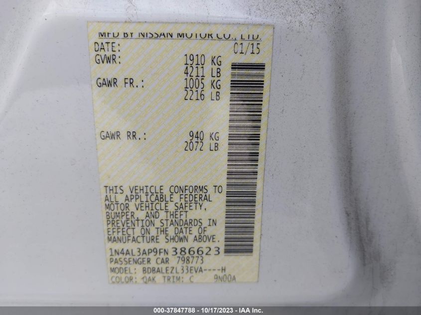 2015 NISSAN ALTIMA 2.5 S - 1N4AL3AP9FN386623