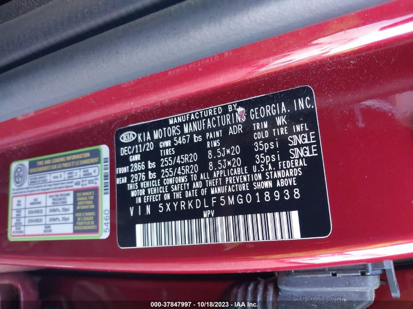 2021 KIA SORENTO SX/SXP - 5XYRKDLF5MG018938