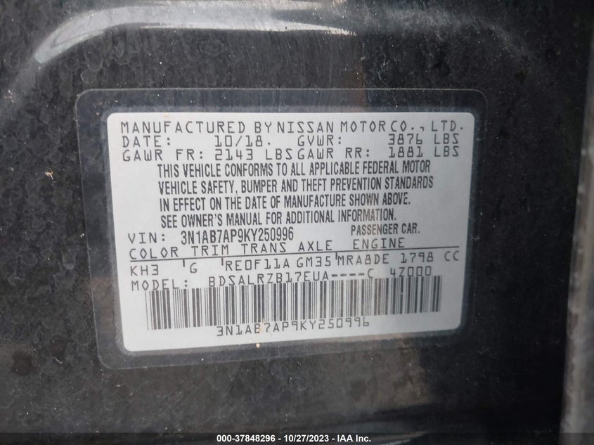 VIN 3N1AB7AP9KY250996 2019 NISSAN SENTRA S/SV/SR/SL