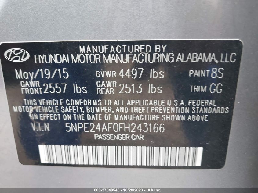 2015 HYUNDAI SONATA 2.4L SE - 5NPE24AF0FH243166