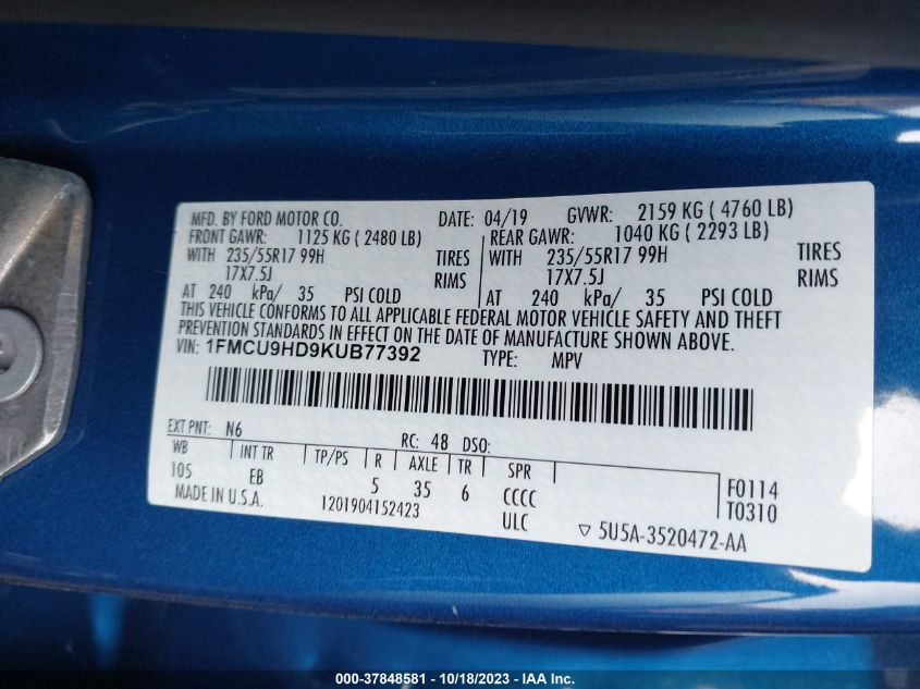 2019 FORD ESCAPE SEL - 1FMCU9HD9KUB77392