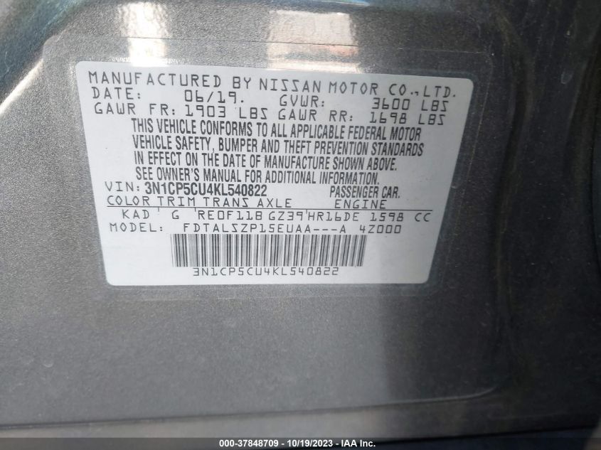 2019 NISSAN KICKS SV - 3N1CP5CU4KL540822
